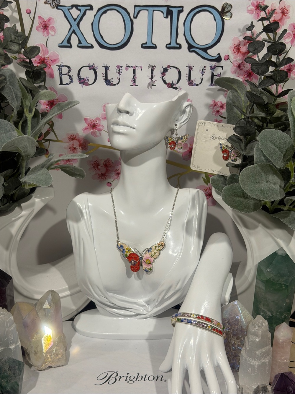 🆕🦋 RARE SET BRIGHTON ‘BLOSSOM HILL GARDEN’ SWAROVSKI CRYST SLVR VTG HAND-PAINTED